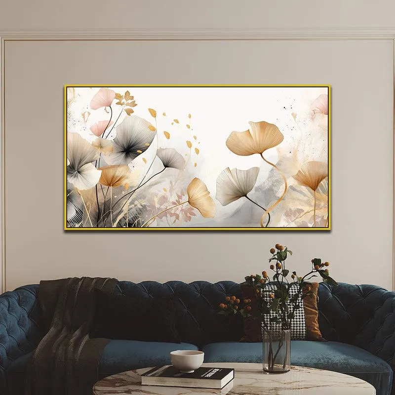 Golden Age Of Autumn Floral Canvas Wall Painting With Frame - Gold media 1