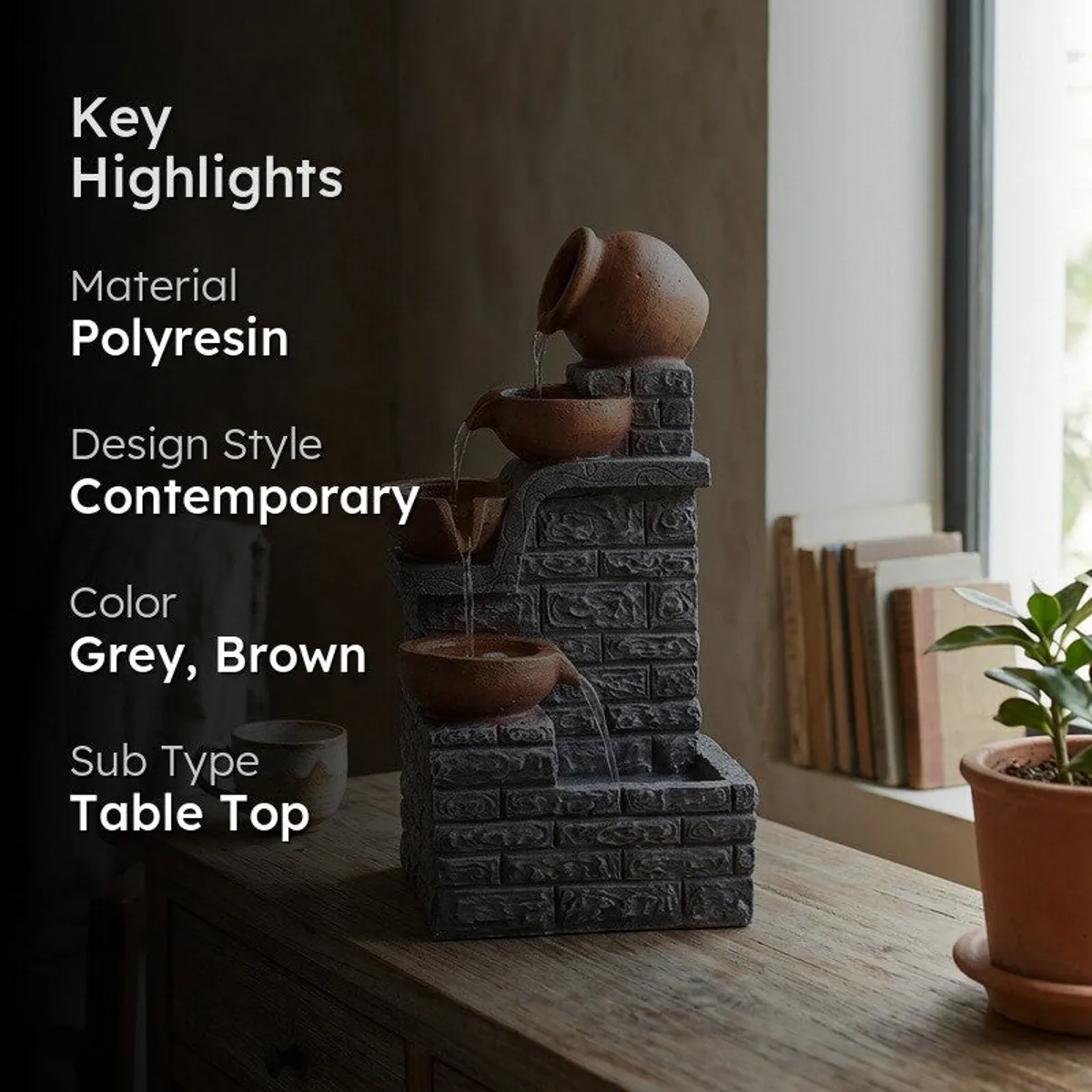 Highlight graphic showing polyresin material and contemporary tabletop design