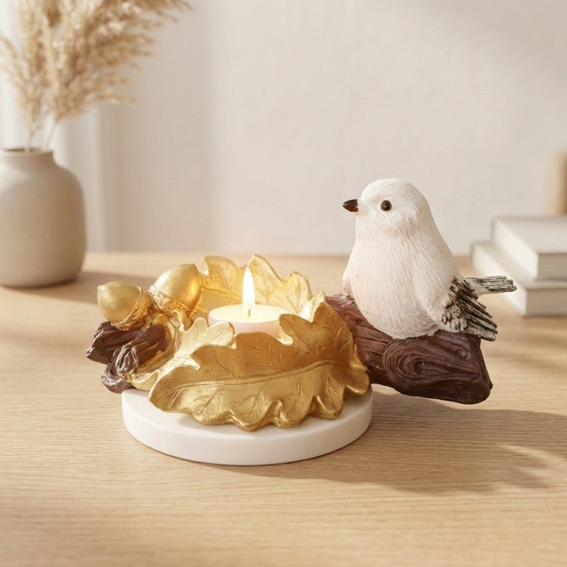 Leaf Bird Resin Tea Light Candle Holder - Gold