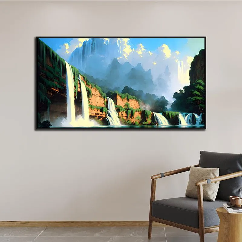 Waterfalls & Blue Skies Landscape Canvas Wall Painting With Frame - Black media 5