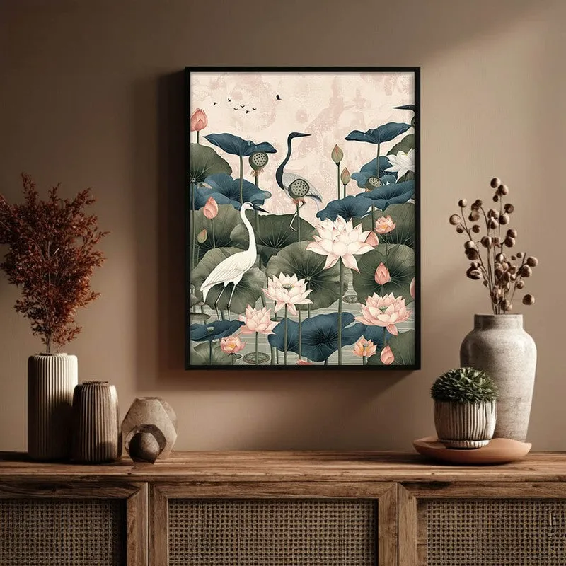 Lotus Garden Birds Canvas Wall Painting With Black Frame media 6