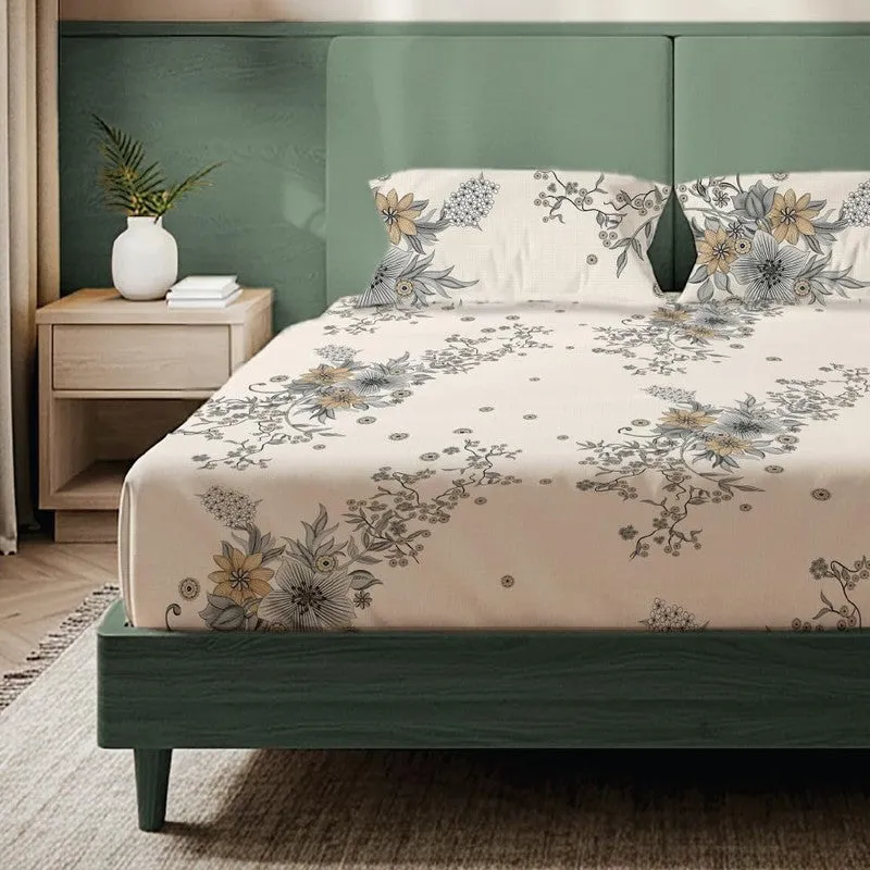 Neutral Blossom Floral Cotton Bedsheets (Beige & Grey) - 200 TC media 3