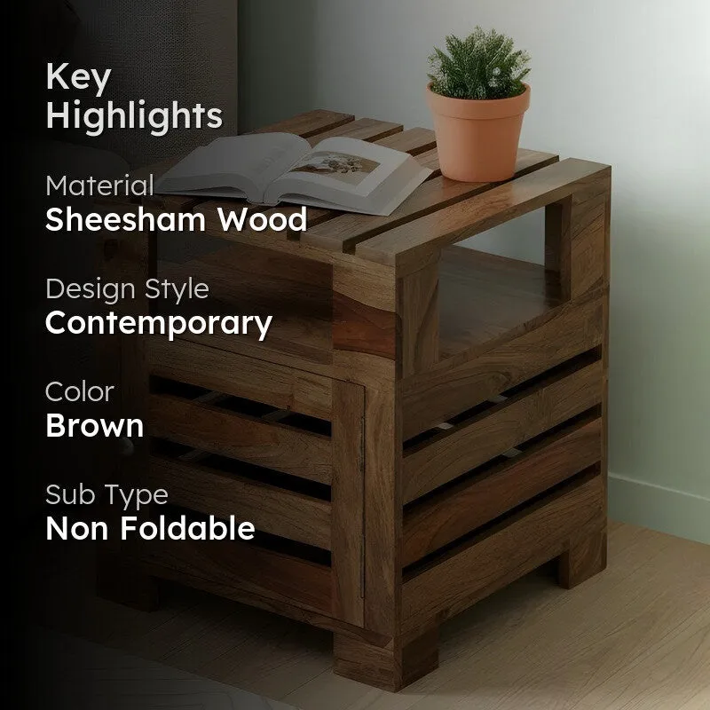 Wverix Sheesham Wooden Side & Bedside Table - Brown,Beige media 2