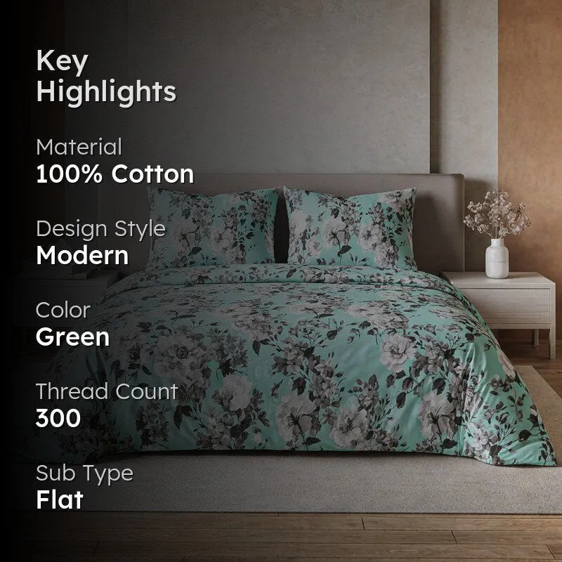 Vintage Rose Lattice Floral Printed Cotton Bedsheet (Green) - 300 TC media 2