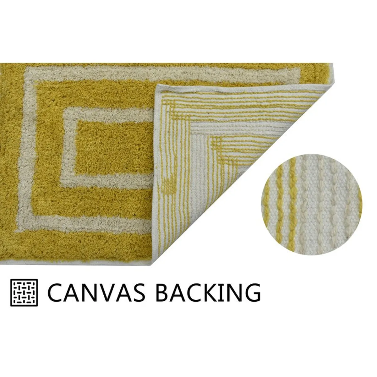 Folded corner of yellow and white bath mat showing its canvas backing