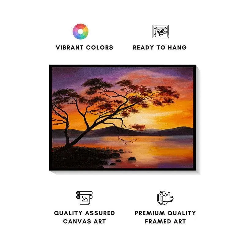 Golden Sunset Lakeside Canvas Wall Painting - Black Frame media 4