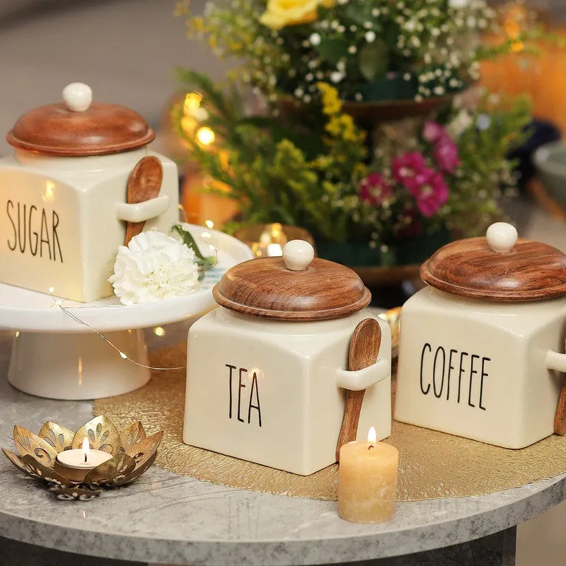 Ivory Ceramic Kitchen Storage Jar with Mango Wood Lid (1000 mL Each) - Set Of Three media 3