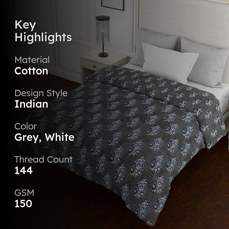 Yasti Reversible Ethnic Cotton Comforter (Grey & White) - 150 GSM media 2