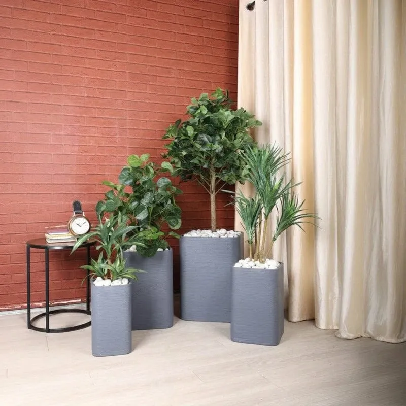 Group of grey planters in different sizes with plants indoors