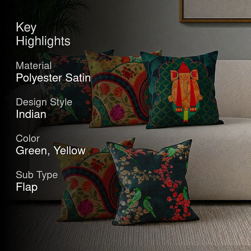 India Circus Temple Trails Printed Satin Polyester Satin Cushion Cover - Set Of Five - 2