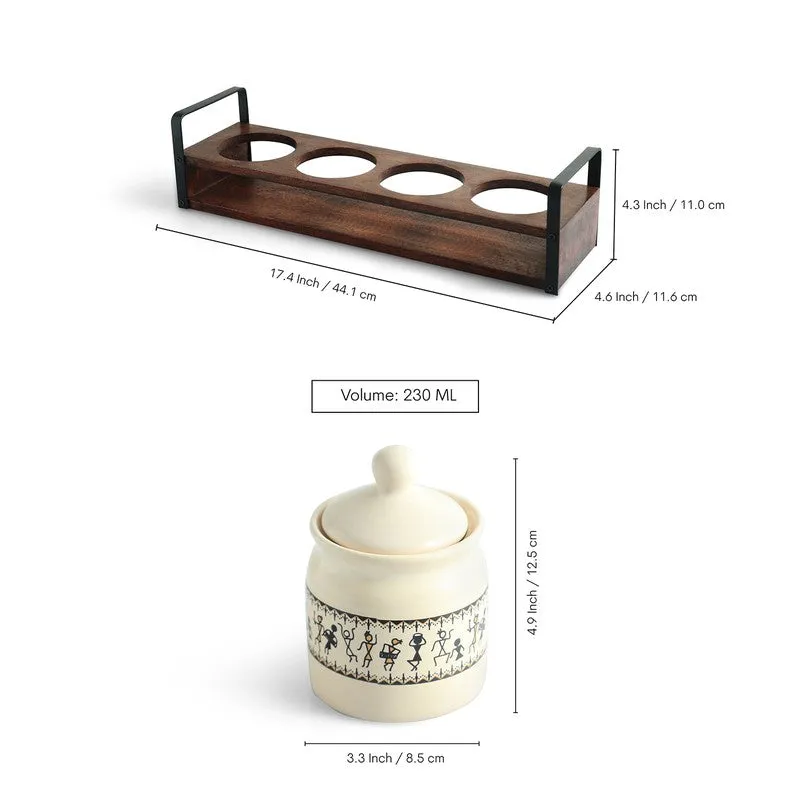 Dark holder and one off-white patterned jar shown with size measurements.
