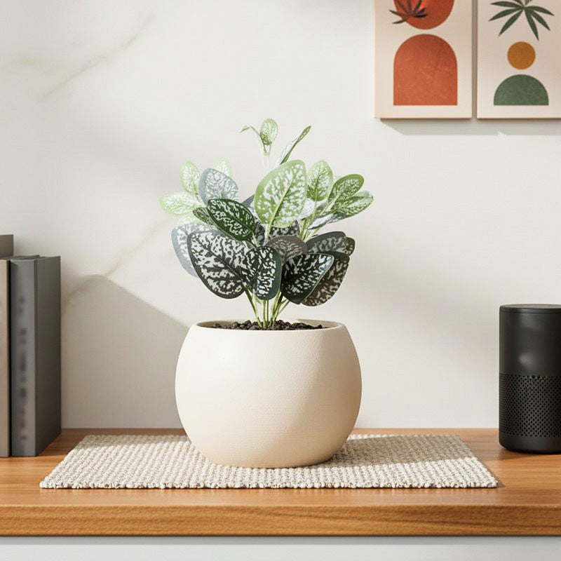 Artificial Dotted Philodendron Plant With Black Fiber Pot (White) - 0.9 Feet