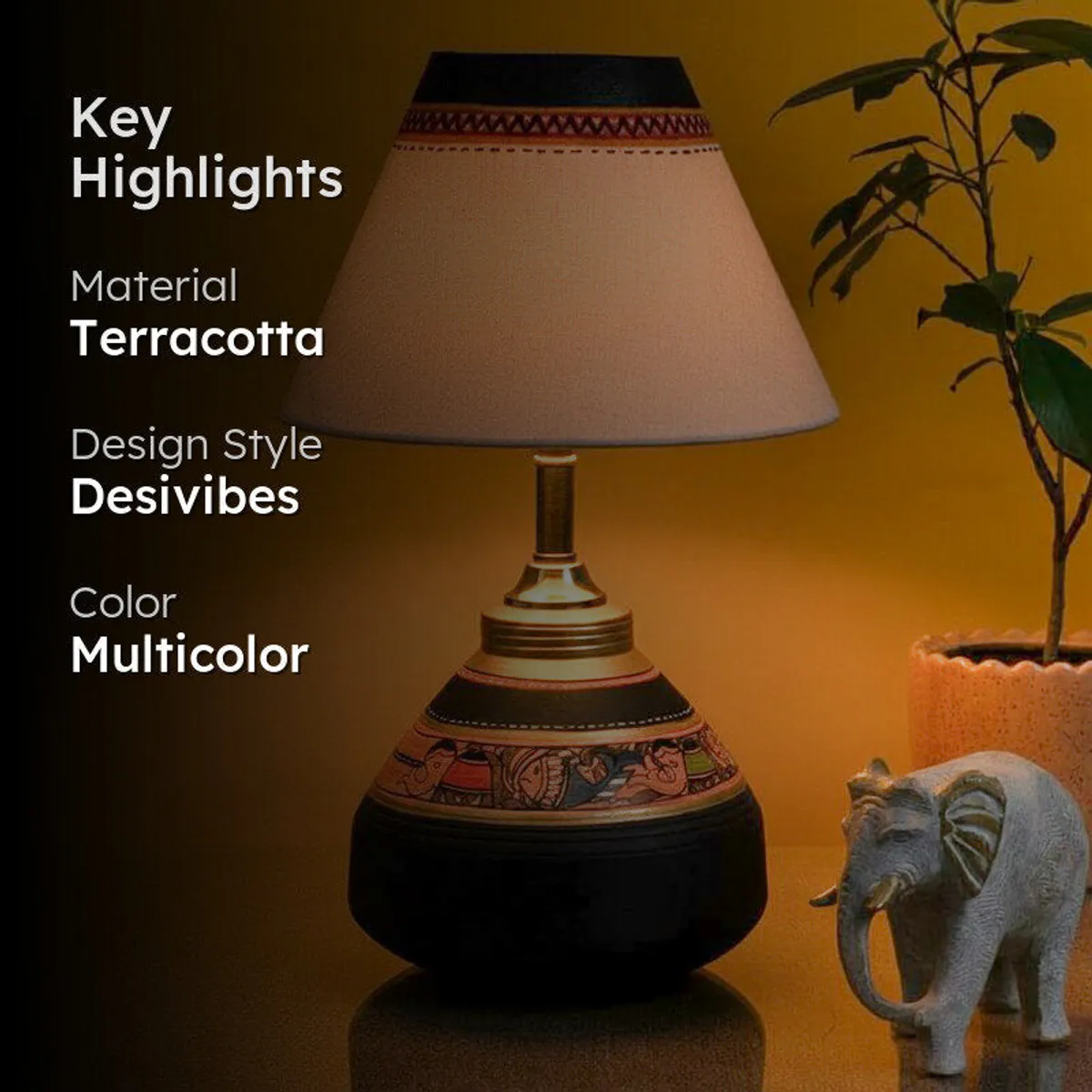 Lit terracotta table lamp with text overlay on dark warm background