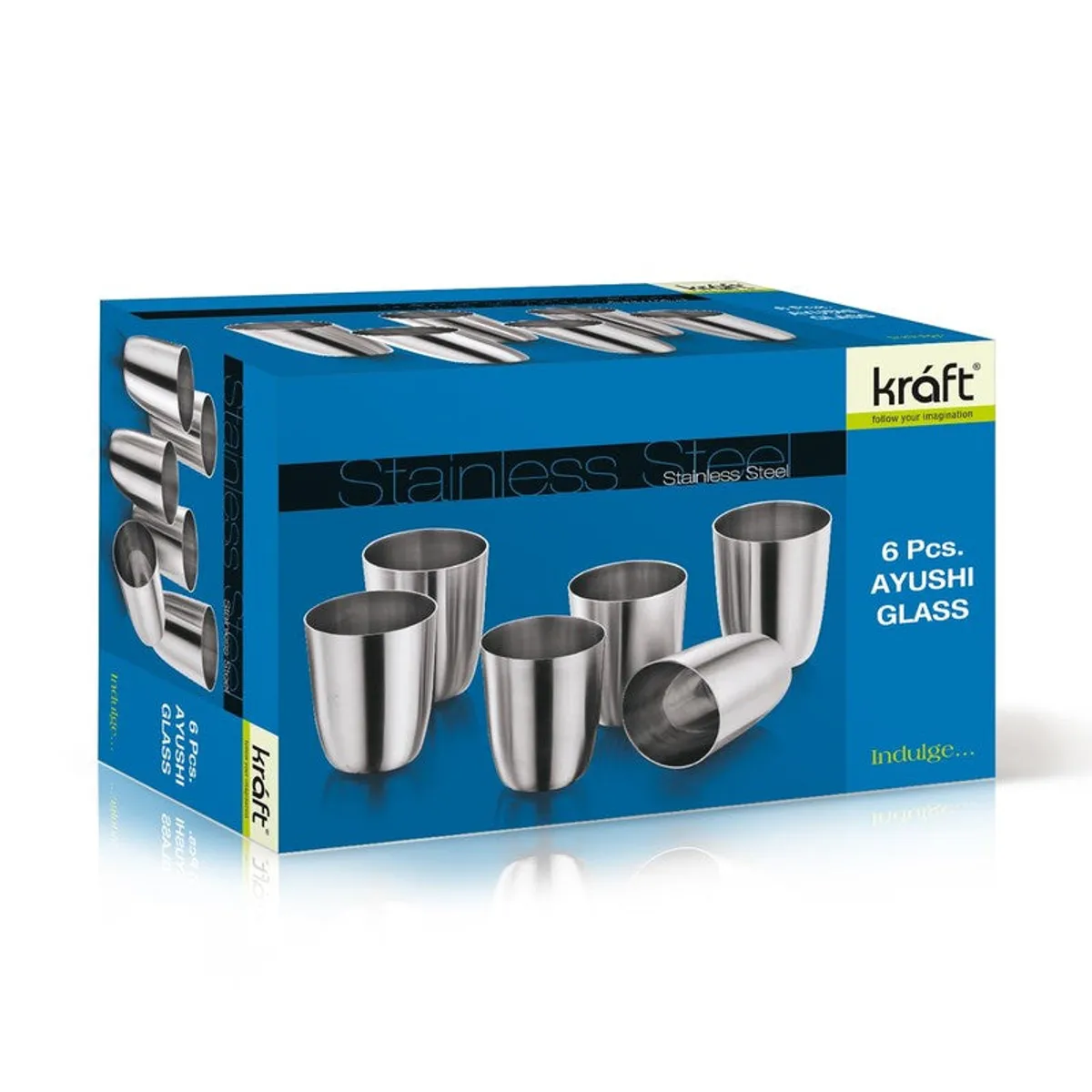 Branded blue box and six silver stainless steel glasses displayed together
