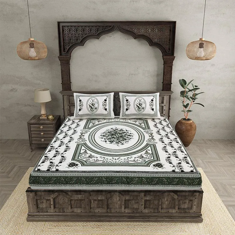Pusthi Ethnic Cotton Bedsheet (Green) - 240 TC media 3