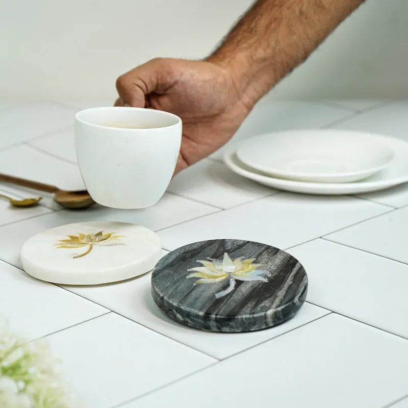 Lotus Marble Coaster With Mother Of Pearl Inlay (White, Grey) - Set Of Two media 6