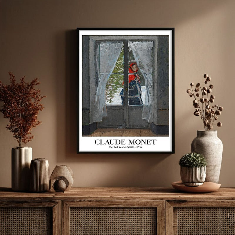 The Red Cape Madame Monet Archival Canvas Wall Painting - Black Frame