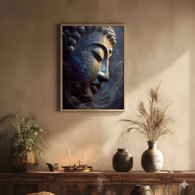 Mystic Blue Buddha Archival Paper Wall Painting With Brown Frame media 1