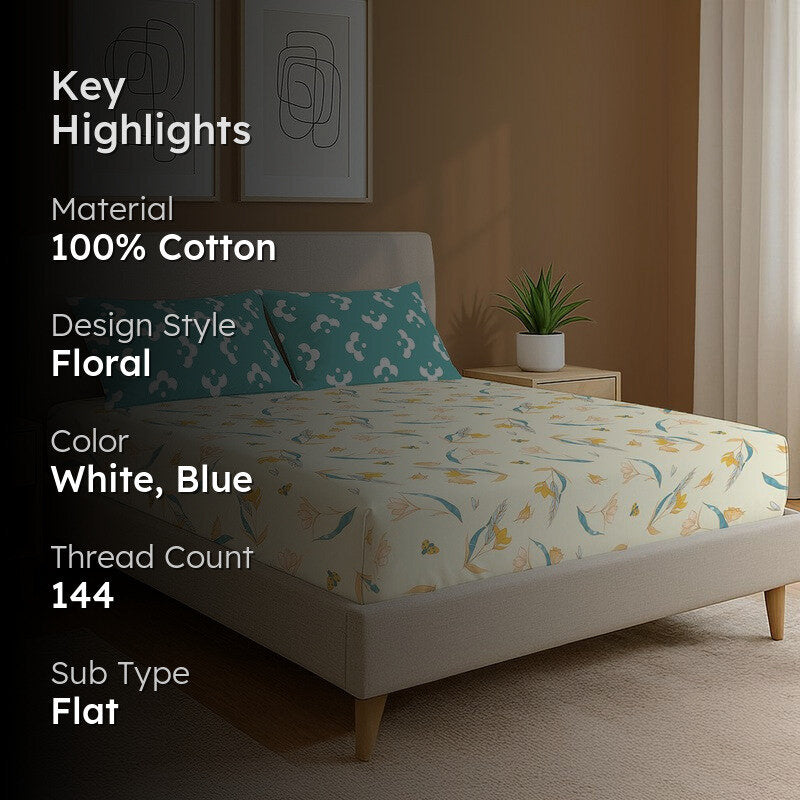 Sea Breeze Petals Floral Cotton Bedsheets (White & Blue) - 144 TC media 2
