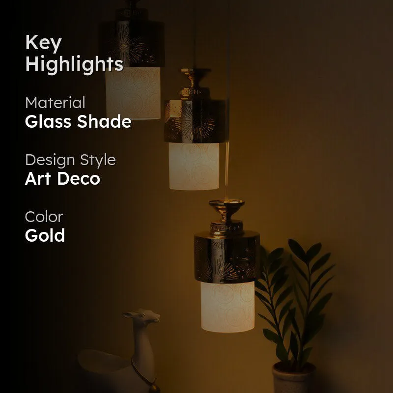 Gold cluster ceiling lamp with highlighted material and style text overlay