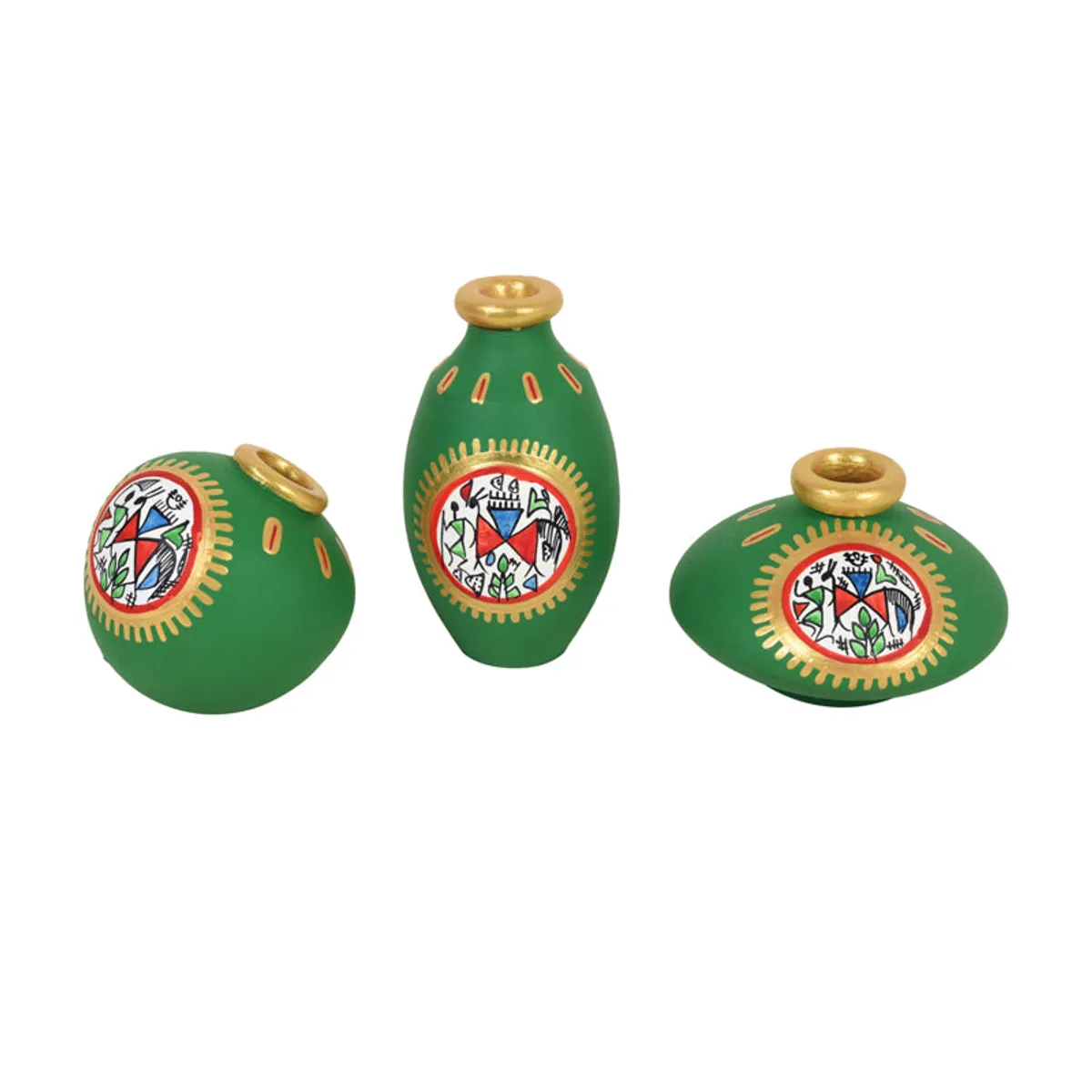 Set of three green hand-painted urn vases with gold rims on white background