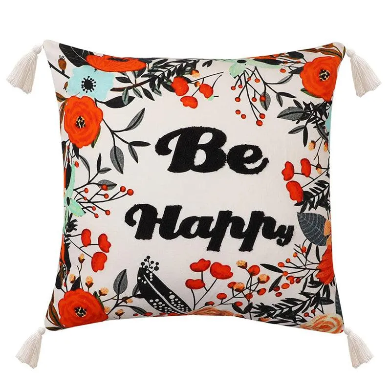 Vineyard Charm "Be Happy" Embroidered Cotton Cushion Cover - Set Of Two media 3