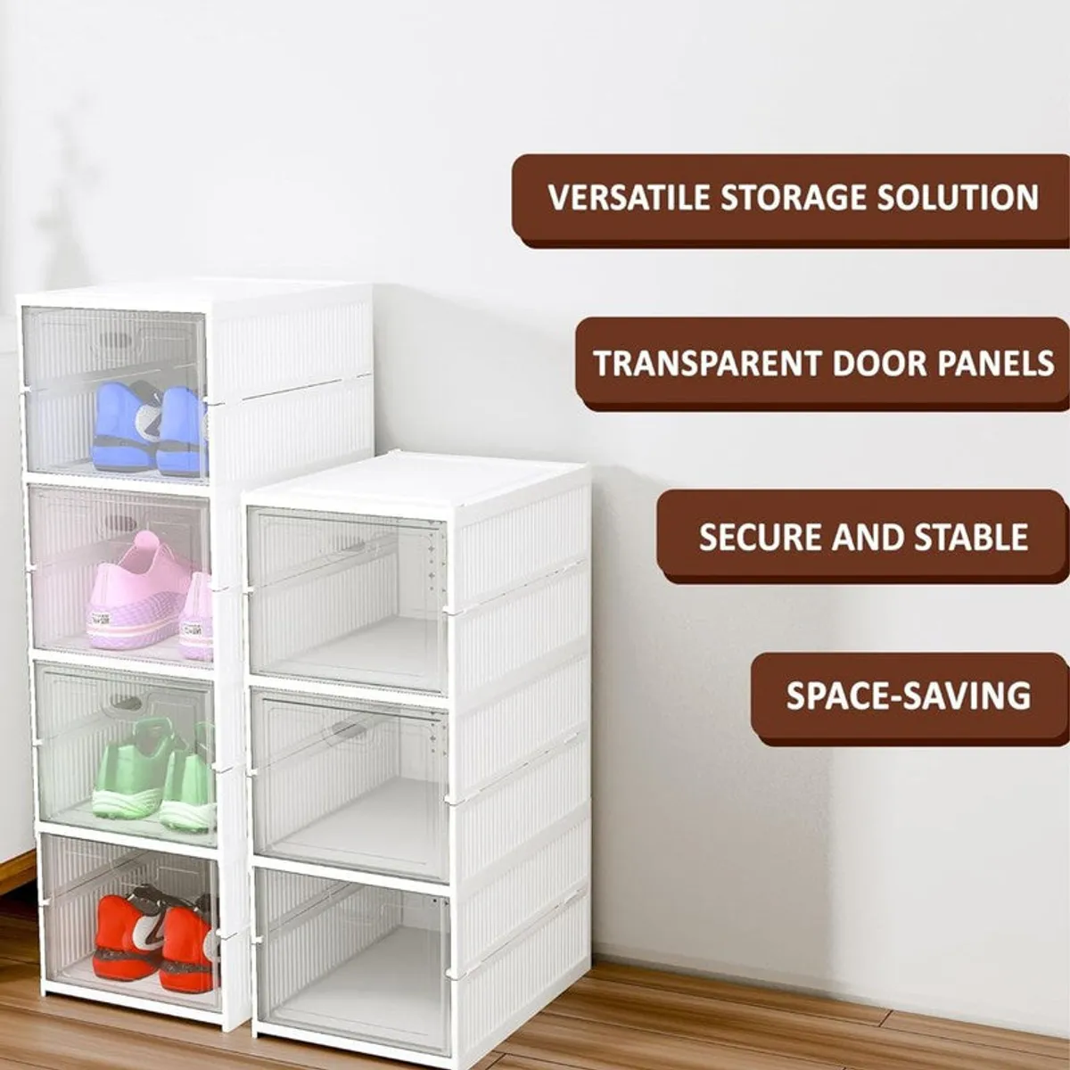 Two white shoe storage racks with transparent doors in a room setting
