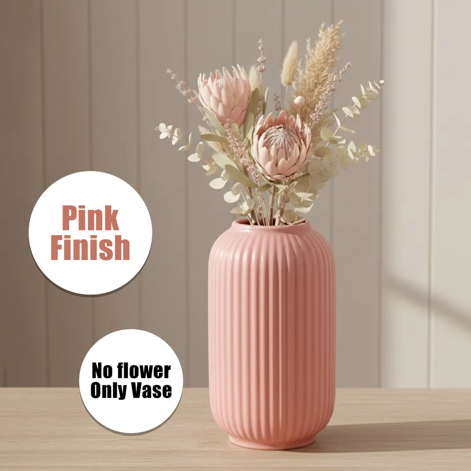 Opulent Ribbed Ceramic Vase - Pink media 7
