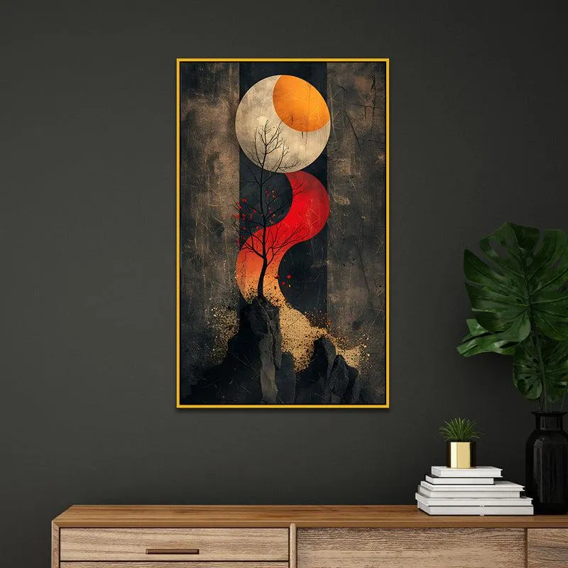 Pathway To Moon Landscape Canvas Wall Painting With Frame - Gold media 1