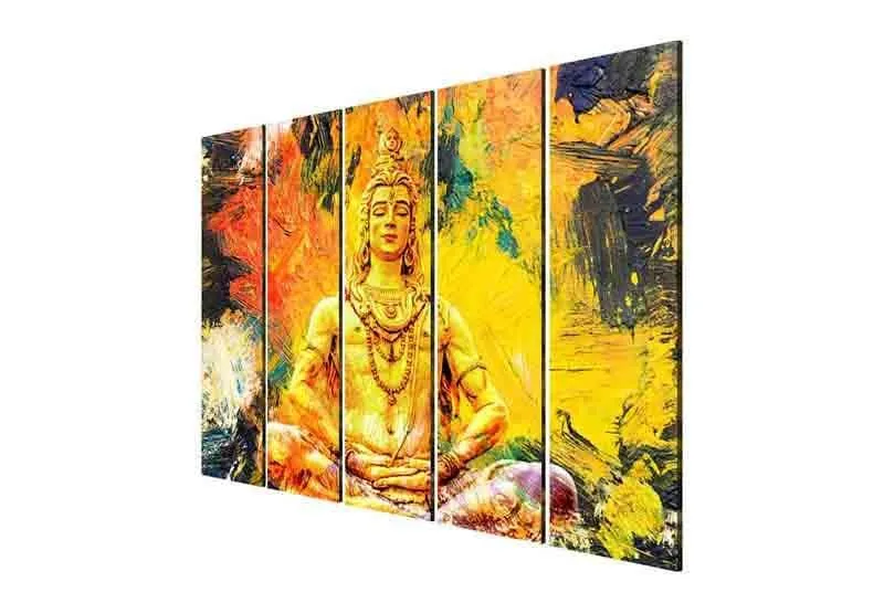 Angled view of a five-panel spiritual wall art set in yellow and orange tones