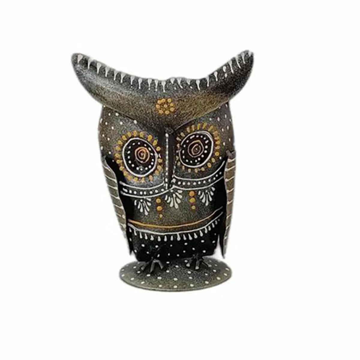 Front view of the black and yellow owl pen stand on a white background