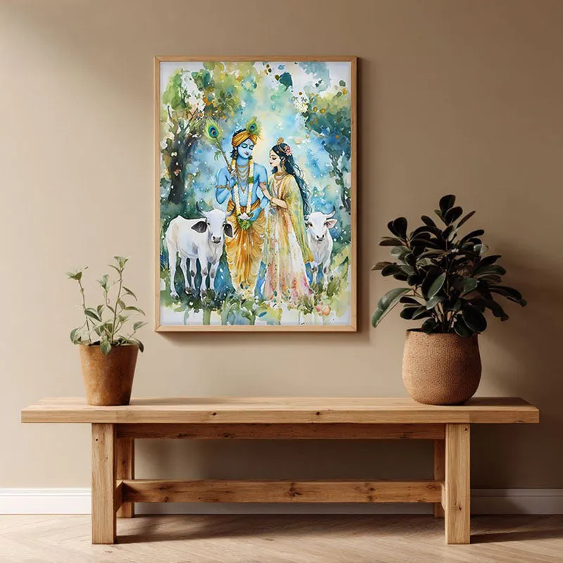Sri Radha Krishna Spiritual Archival Paper Wall Painting - Natural Brown Frame media 1