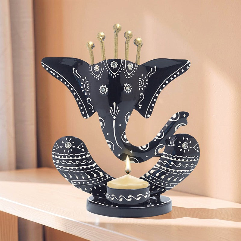 Ganpati Jyoti Hand Painted Tea Light Candle Holder - Black media 7