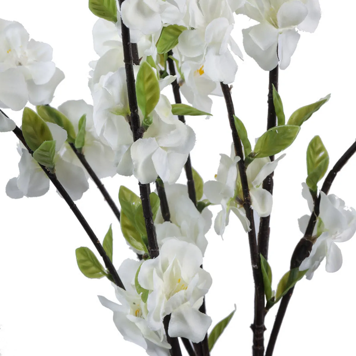 Close-up of white artificial cherry blossom flowers and green leaves on dark stems