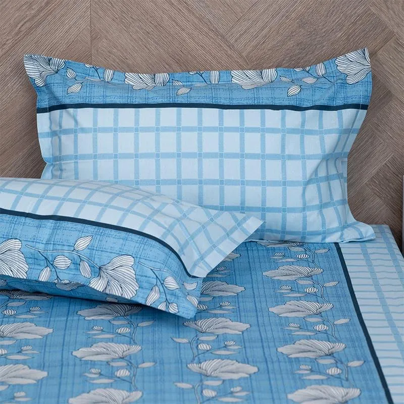 Manora Floral Cotton Bedsheet (Blue) - 144 TC media 1