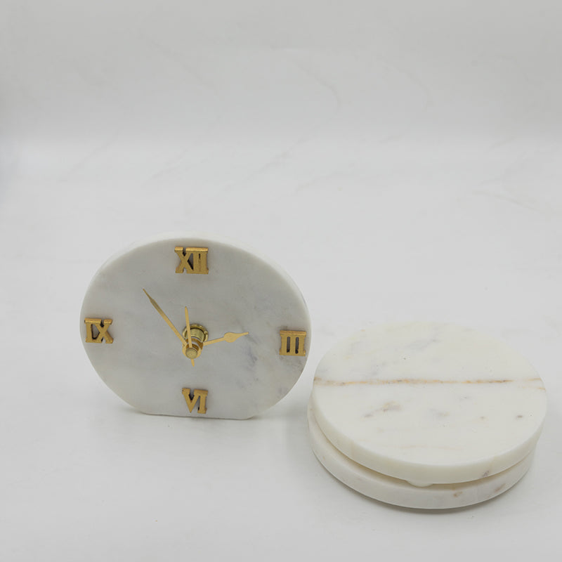 Marbre Marble Desk Clock With Coaster - Three Piece Set