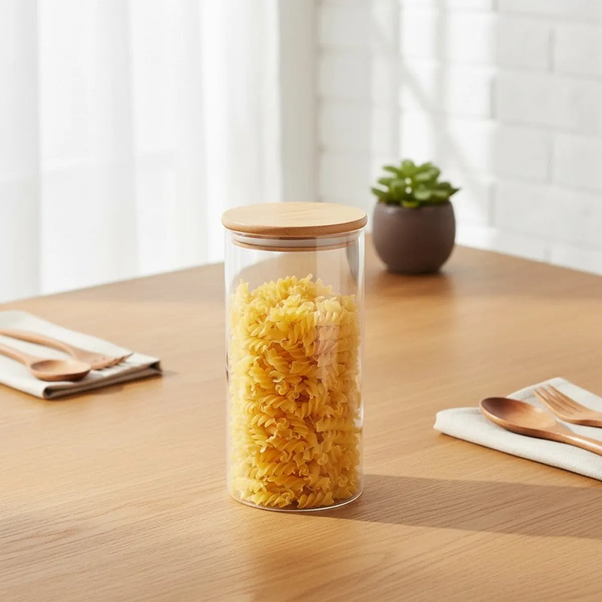 Transparent cylindrical glass jar with bamboo lid, filled with spiral pasta on a wooden table.