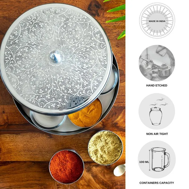Shahi Rasa Hand-Etched Stainless Steel Masala Box media 7