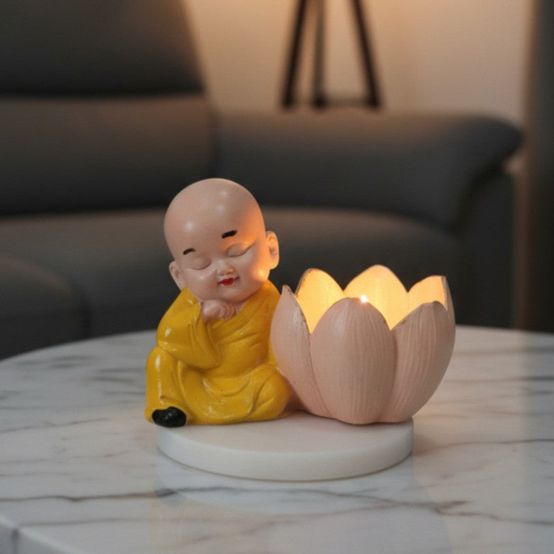 Buddha Monk Lotus Resin Tea Light Candle Holder - Yellow media 3