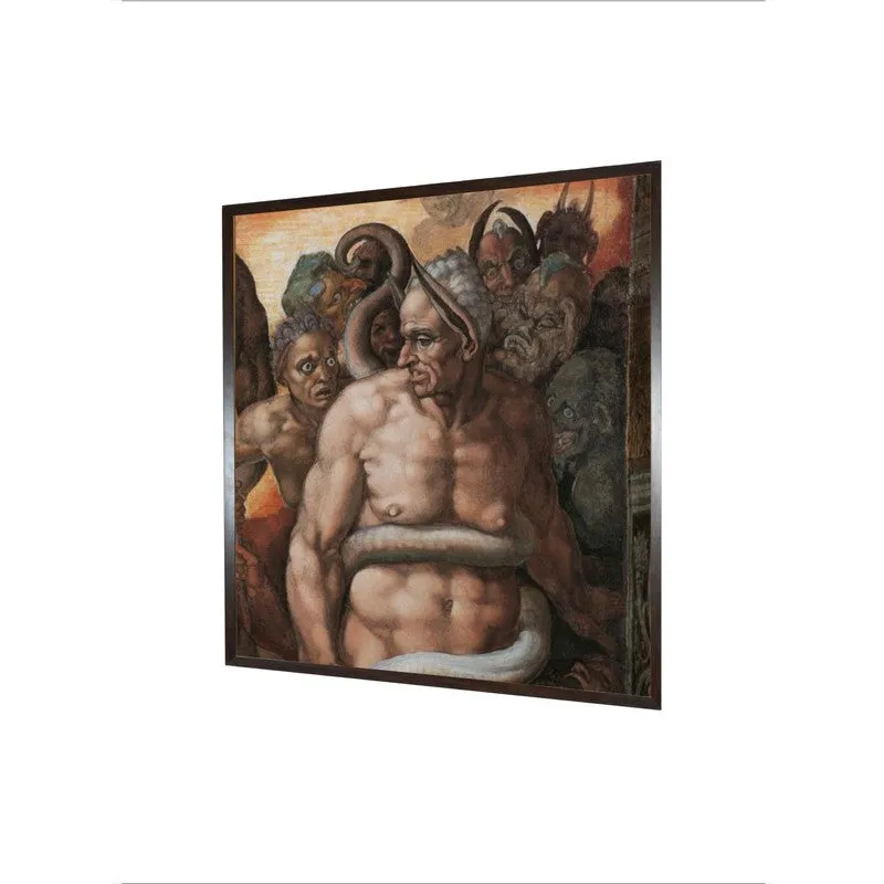 Angled view of a framed classical canvas painting on a plain white background