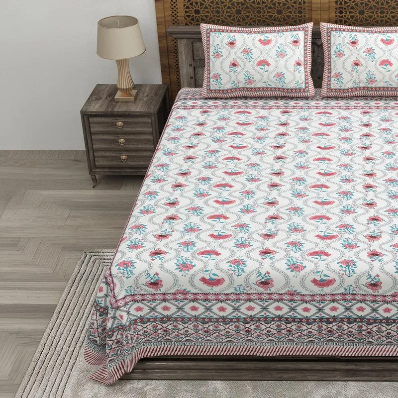 Blossomza Cotton Bedsheet (White,Pink) - 240 TC media 3