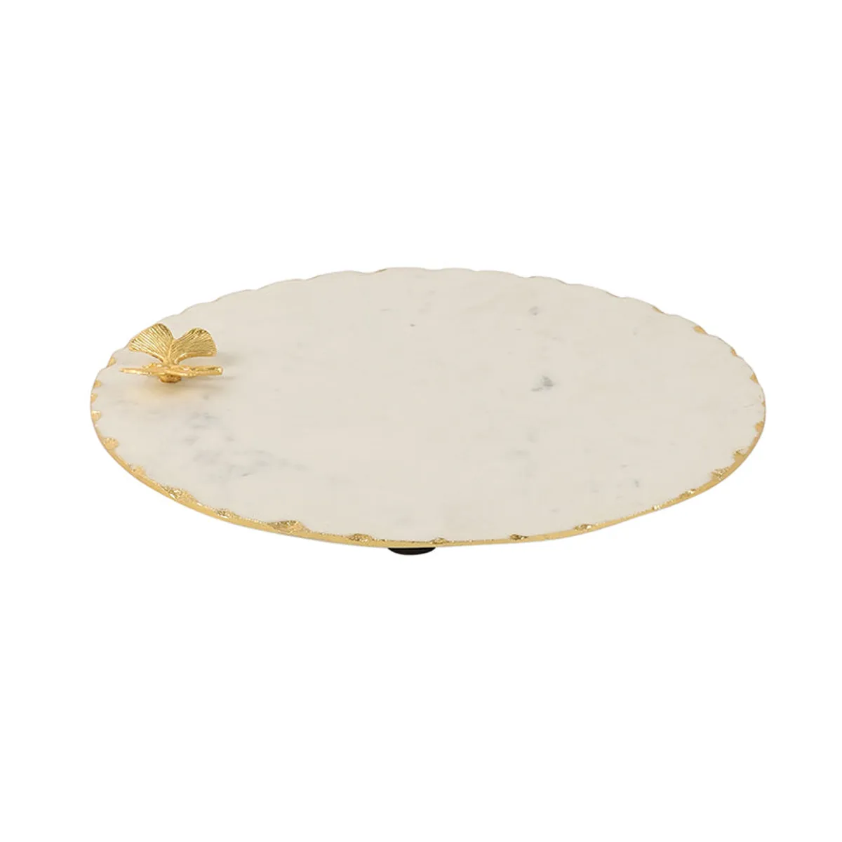 Round white marble platter with gold edging and butterfly accent on a white background