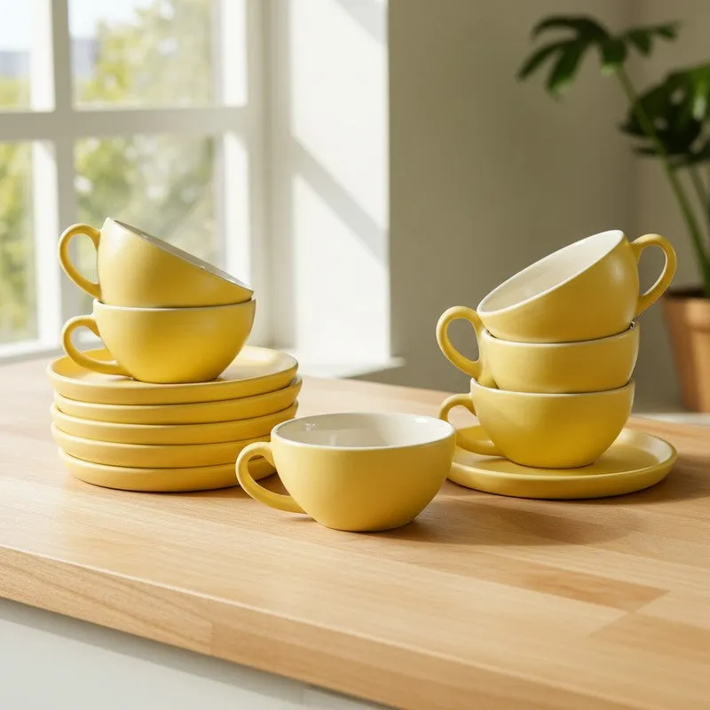 Ceramic Cup & Saucer (Yellow/240 mL Each) - Set of Six media 3