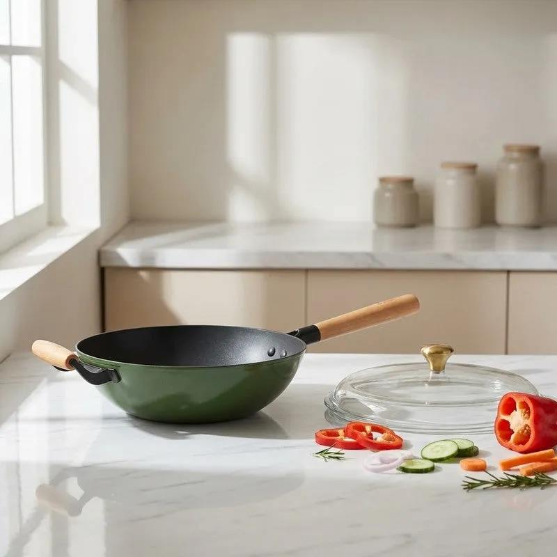 Cumin Co Enamel Cast Iron Wok with Lid (1500 mL) - Green media 1