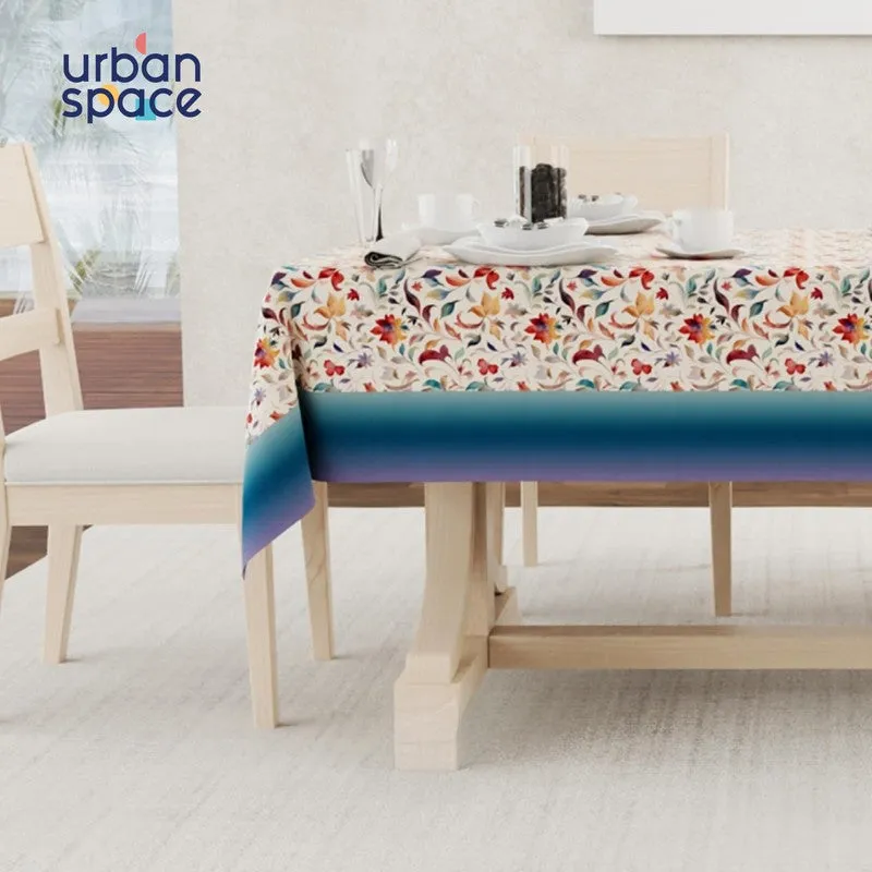 Side view showing the floral table cover's drape on a dining table