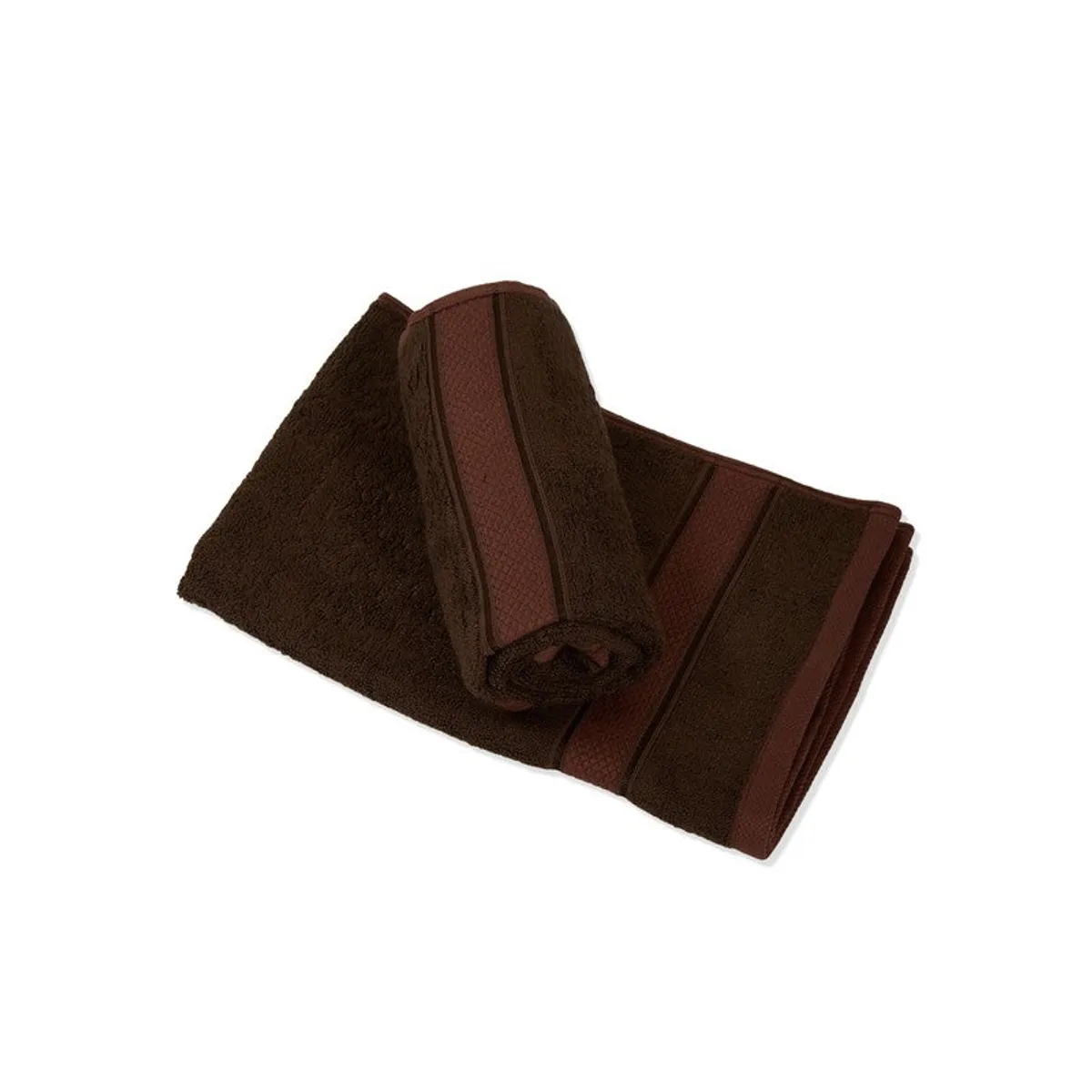 Rolled and folded brown hand towels shown on a white background