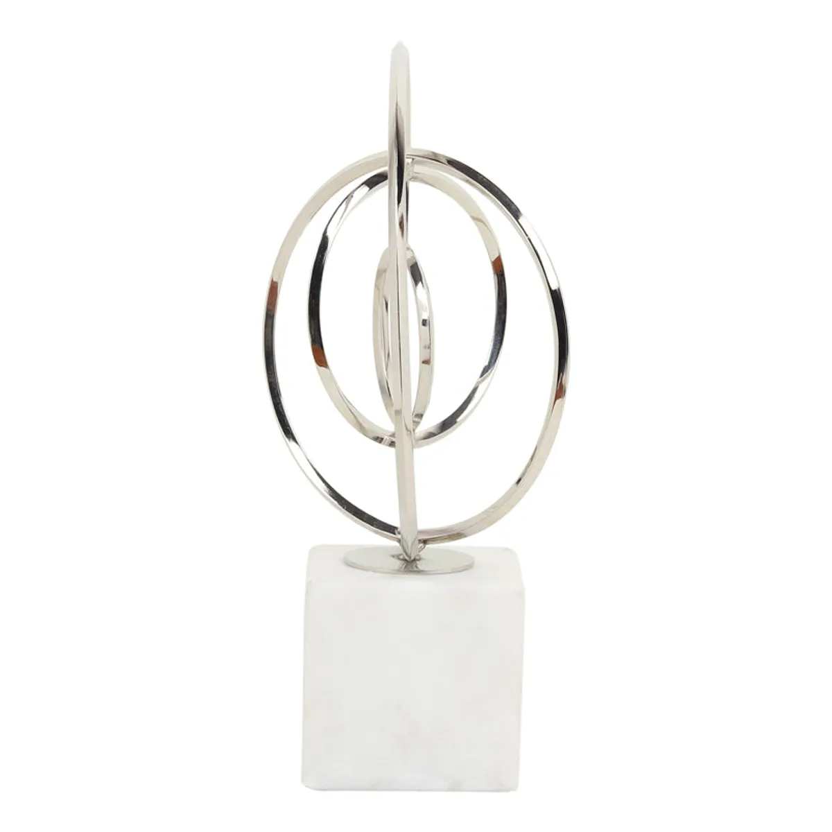 Side view of silver geometric showpiece on a white marble base