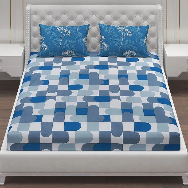 Monte Carlo Multi Blocks Cotton Bedsheet (White,Blue) - 104 TC media 4