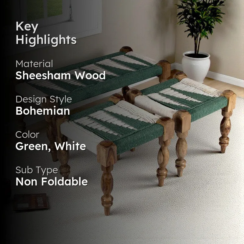Firox Sheesham Wooden Bench with Stools (Green,White) - Three Piece Set media 2