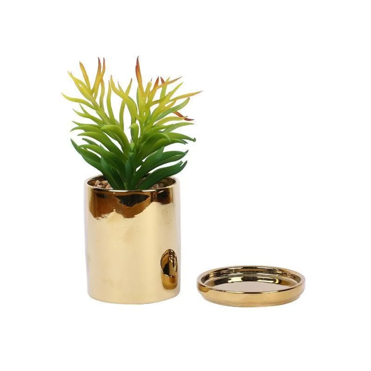 Faux euphorbia in a gold pot beside its separate matching coaster